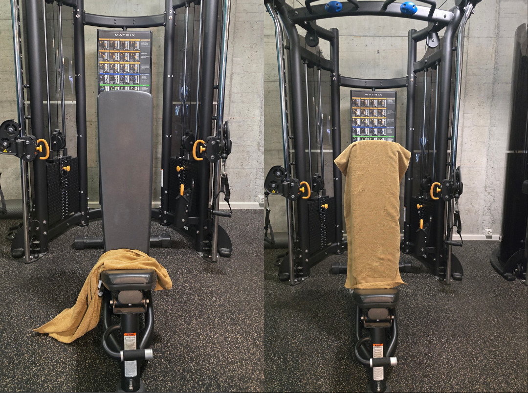 Vorher-Nachher-Vergleich an der Hantelbank: Sporthandtuch liegt auf dem Boden oder hängt mit dem GYMMONKY Magnetic Towel Clip sauber und griffbereit am Gerät