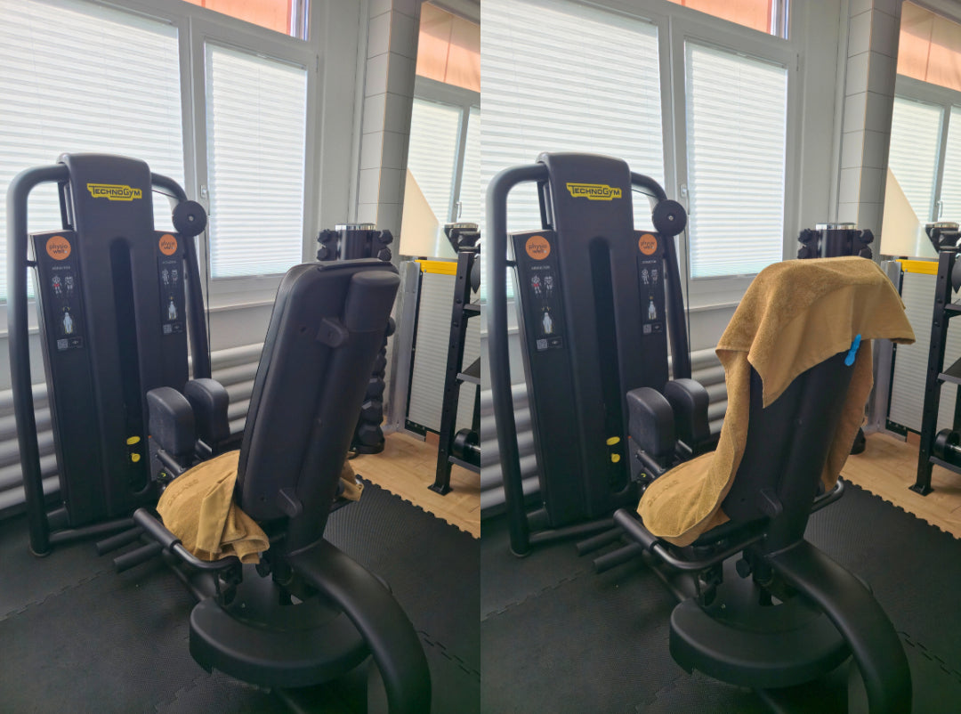 Vergleich an einer Trainingsbank: Sporthandtuch lose und mit Magnetic Towel Clip fixiert
