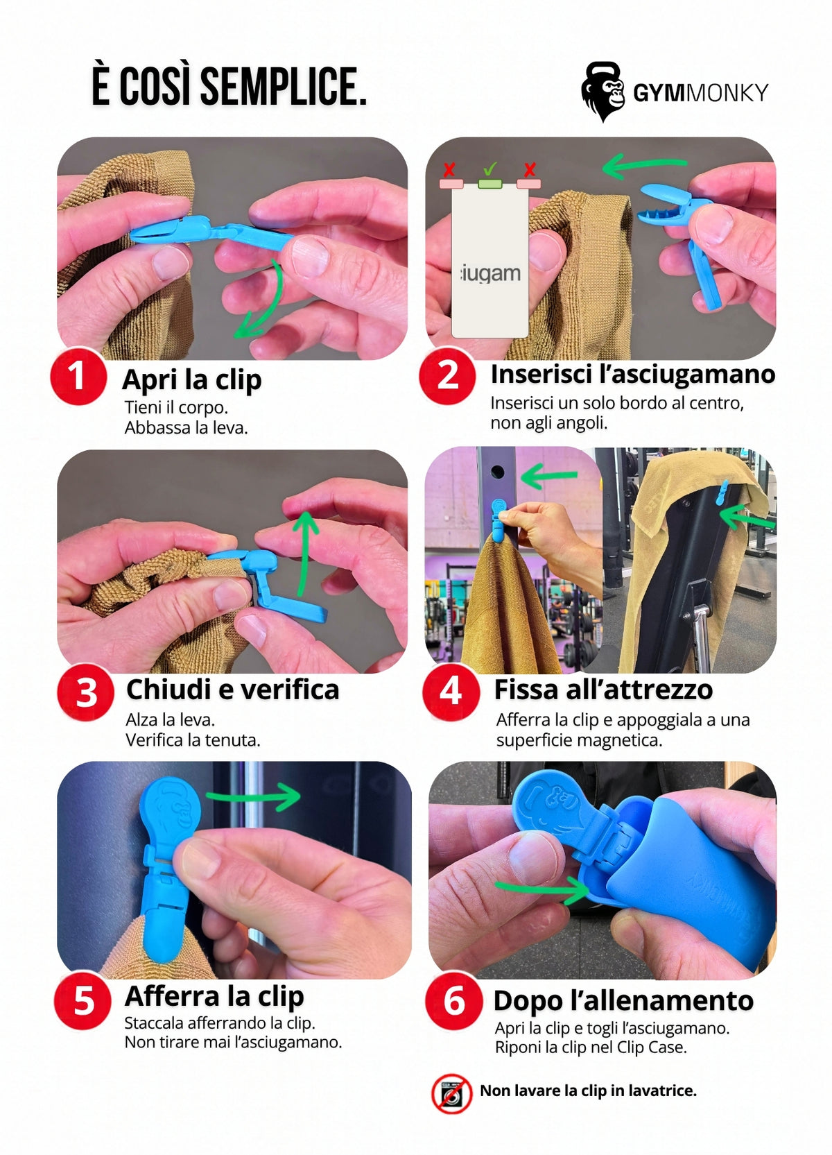 GYMMONKY Magnetic Towel Clip: guida rapida in 6 passaggi – inserire l’asciugamano, fissare al metallo, rimuovere e riporre