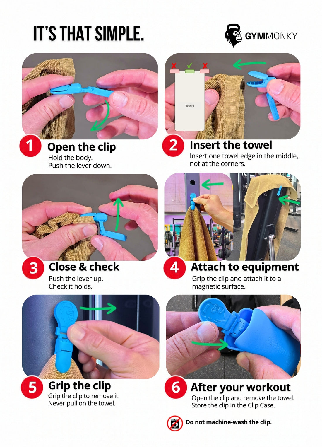 GYMMONKY Magnetic Towel Clip: quick start guide in 6 steps – attach the towel, secure it to metal, remove and store