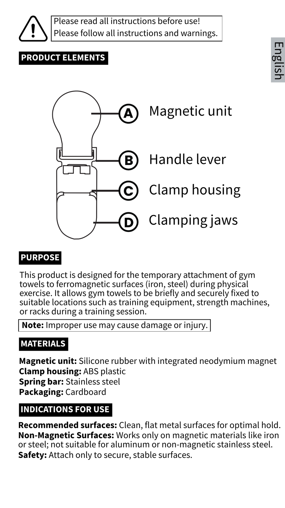 GYMMONKY Magnetic Towel Clip – English: product elements, purpose, materials and suitable surfaces.