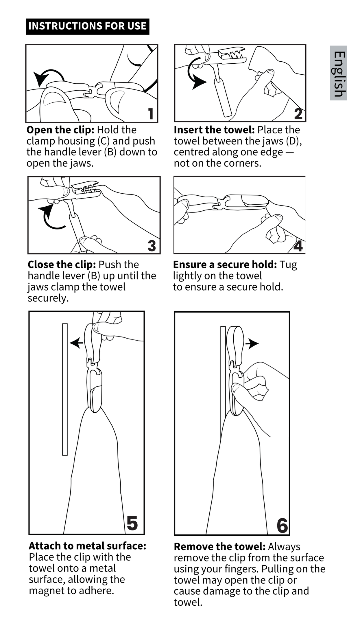GYMMONKY Magnetic Towel Clip – English: six illustrated steps for attaching the towel, securing the clip and removing it from metal.