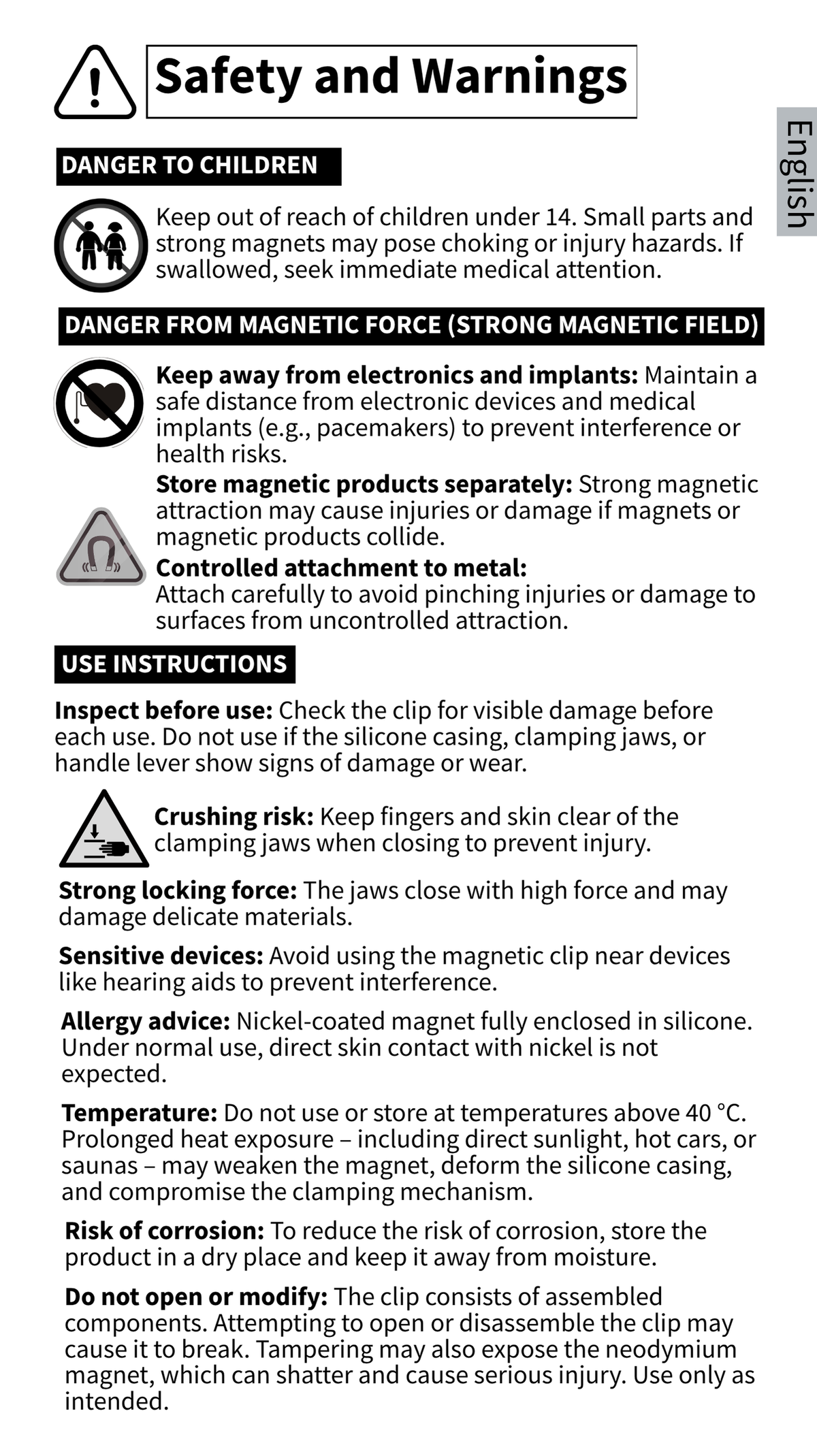 GYMMONKY Magnetic Towel Clip – English: safety warnings and instructions for handling the magnetic clip.