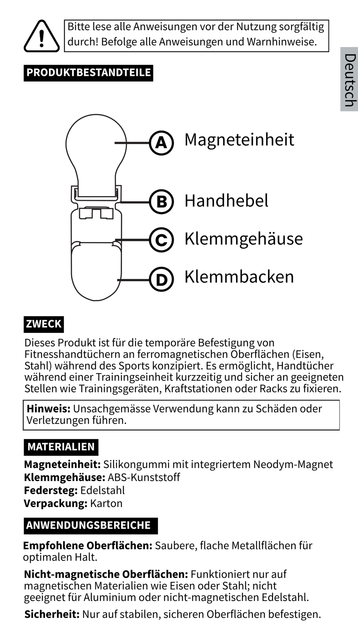 GYMMONKY Magnetic Towel Clip – Deutsch: Produktbestandteile, Zweck, Materialien und geeignete Oberflächen.
