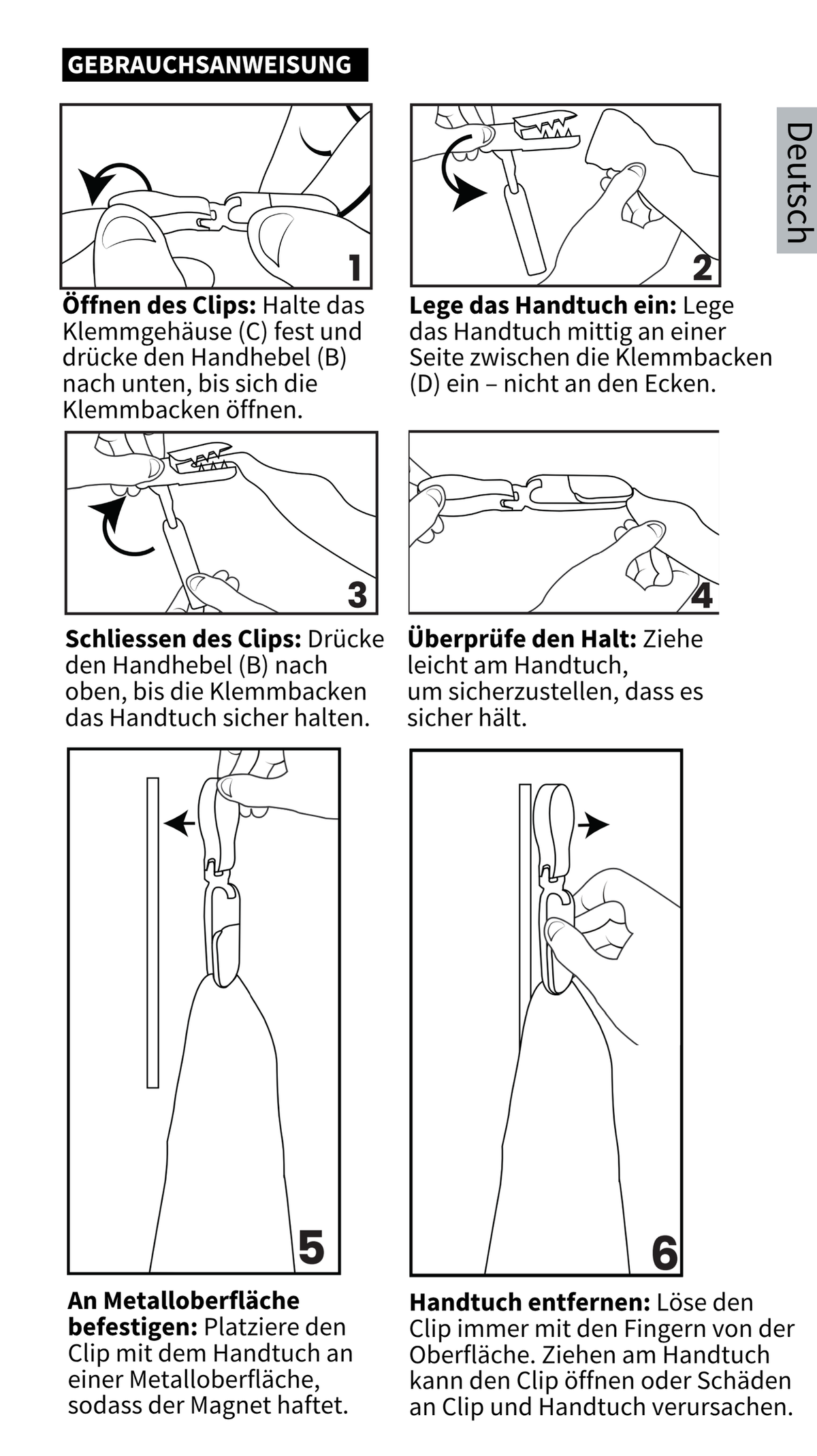 GYMMONKY Magnetic Towel Clip – Deutsch: sechs bebilderte Schritte zum Einlegen des Handtuchs, Befestigen und Entfernen des Clips.