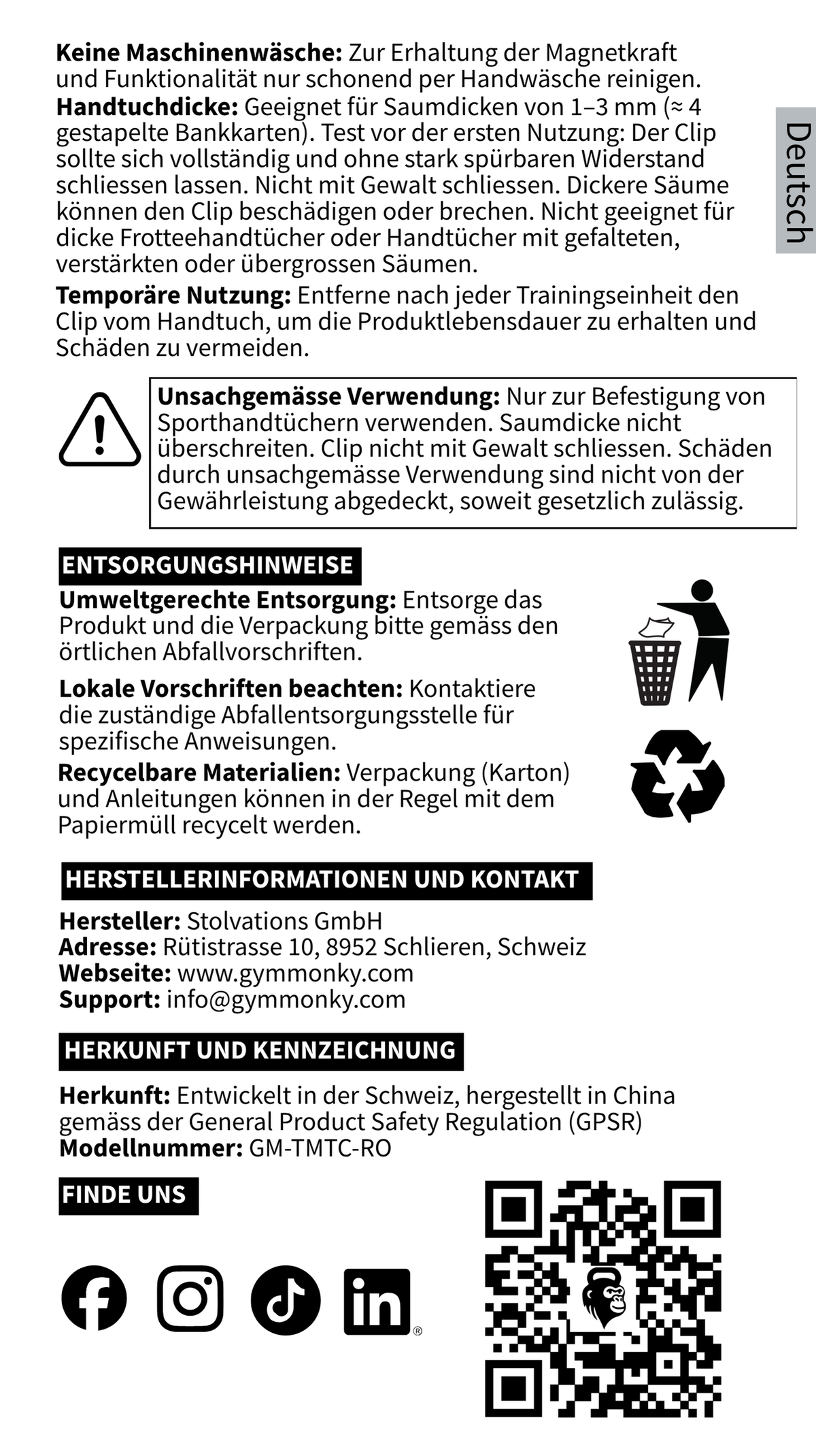 GYMMONKY Magnetic Towel Clip – Deutsch: Reinigung, Handtuchdicke, Aufbewahrung, Entsorgung und Herstellerkontakt.