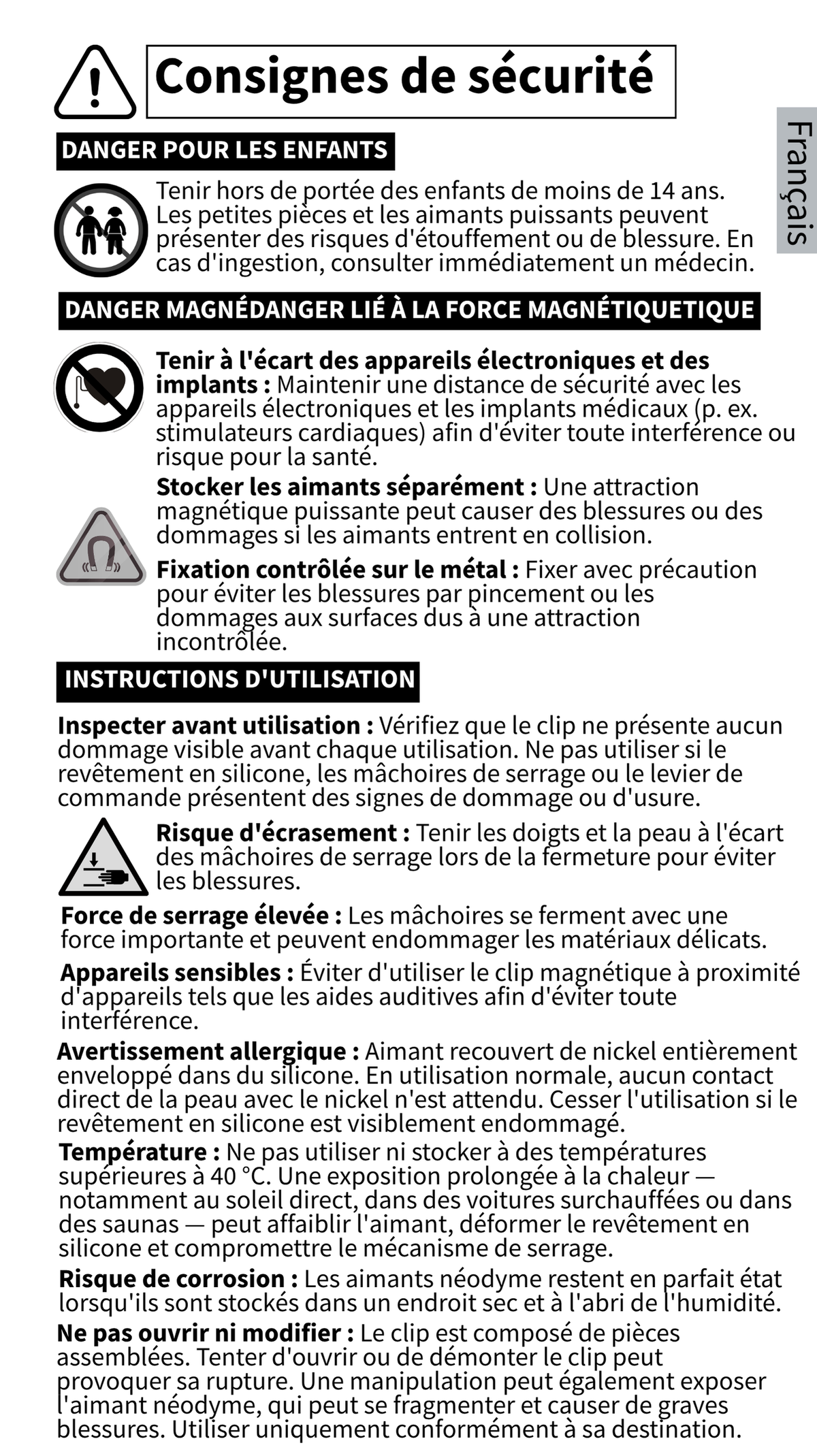 GYMMONKY Magnetic Towel Clip – Français : consignes de sécurité et précautions pour le clip magnétique.