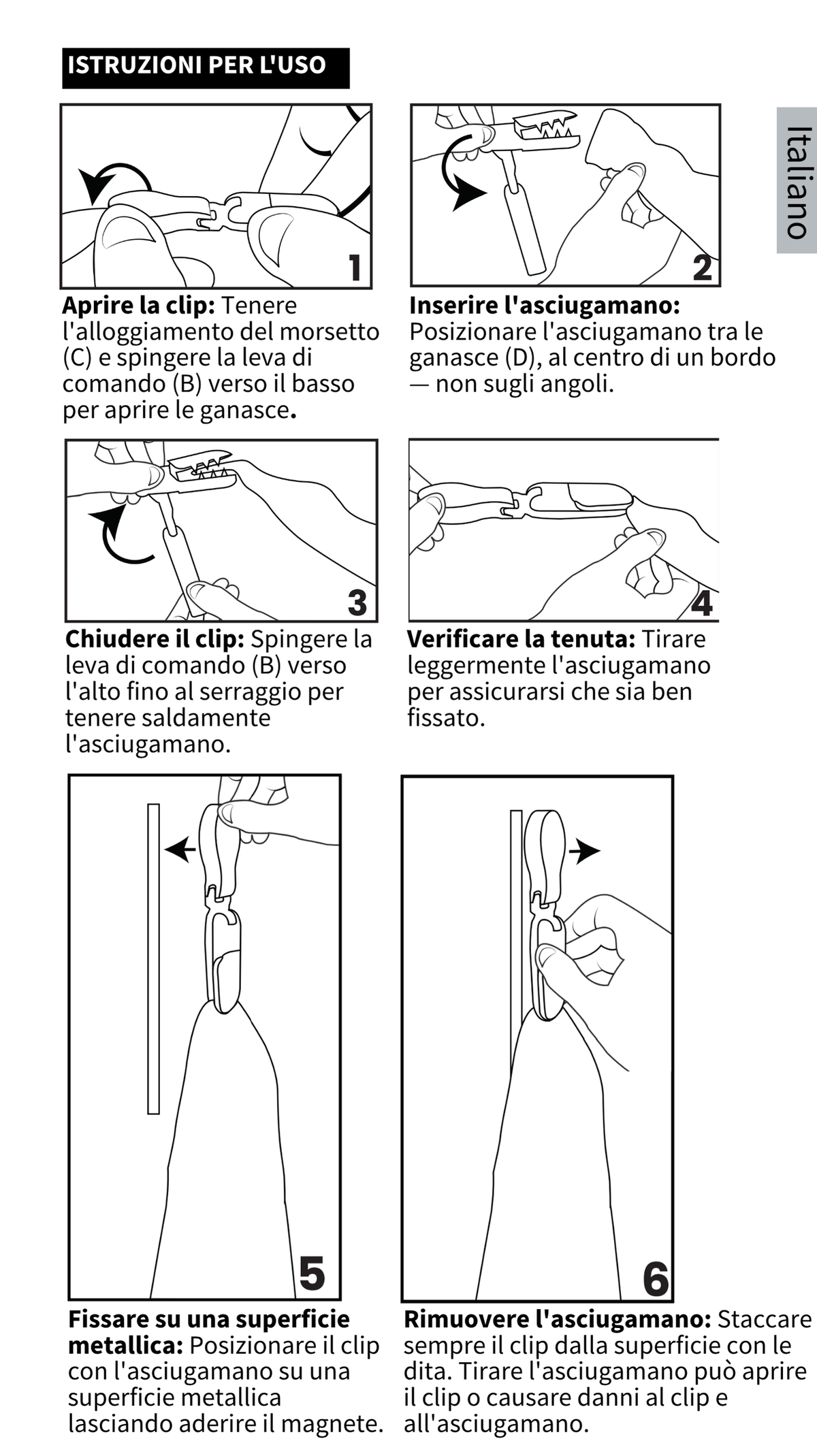 GYMMONKY Magnetic Towel Clip – Italiano: sei passaggi illustrati per fissare l’asciugamano e rimuovere la clip dal metallo.